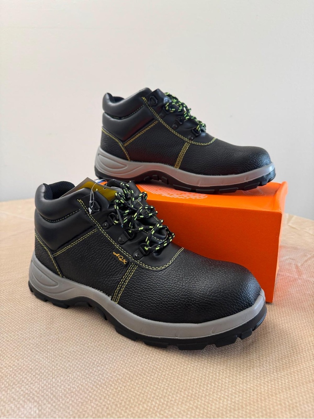 Men's Black steel toe Safety Work Boots with Gray Sole and Hi-Vis Stitching